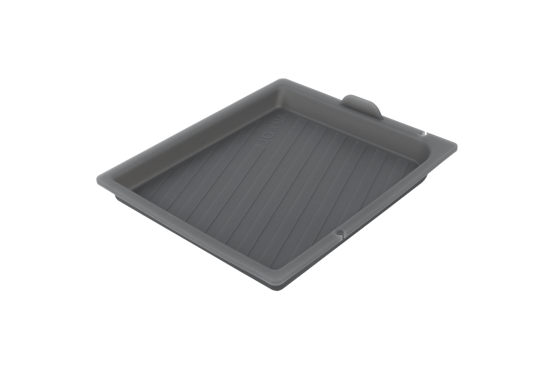 The JOWUA Center Console Set for the Tesla Model 3 Highland 2024+ is a rectangular, dark gray plastic tray featuring a ribbed pattern to enhance grip and stability. It's designed with raised edges and a slight lip on one side, serving as an ideal silicone organizer for your center console.