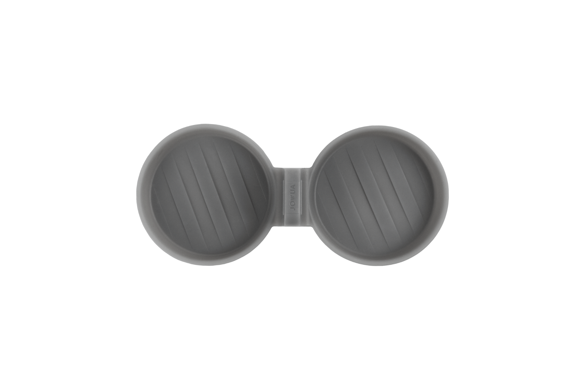 A top-down view of the round, gray silicone Center Console Set by JOWUA, designed specifically for the Tesla Model 3 Highland 2024+. The set includes two compartments ideal for organization. When open and empty, each compartment reveals a distinctive ridged pattern.