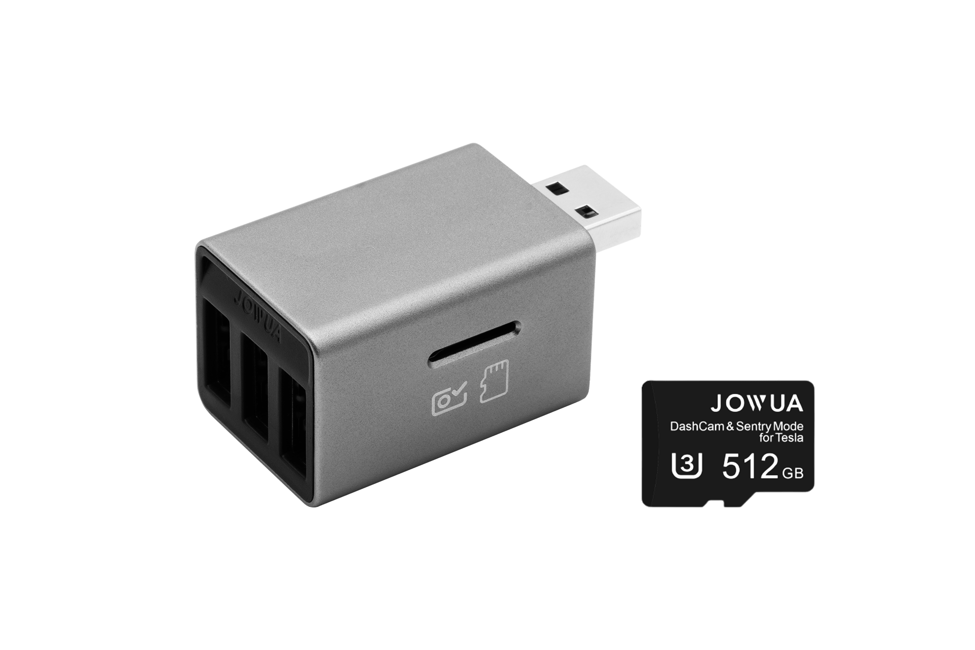 The JOWUA 3 Port USB HUB with DashCam Reader is displayed alongside a 512GB microSD card. Featuring HiSpeed USB ports and an SD card slot, it is designed to efficiently support dashcam and sentry mode functions.