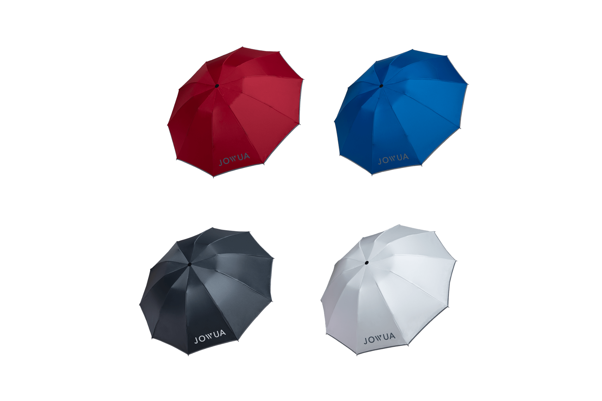 Four open JOWUA Tesla Color Matching Umbrellas (Anti-rebound Inverted) are displayed—one red, one blue, one black, and one white—each with the “JOWUA” logo printed on a panel. These stylish umbrellas feature water-repellent fabric and are arranged in a grid on a plain background.