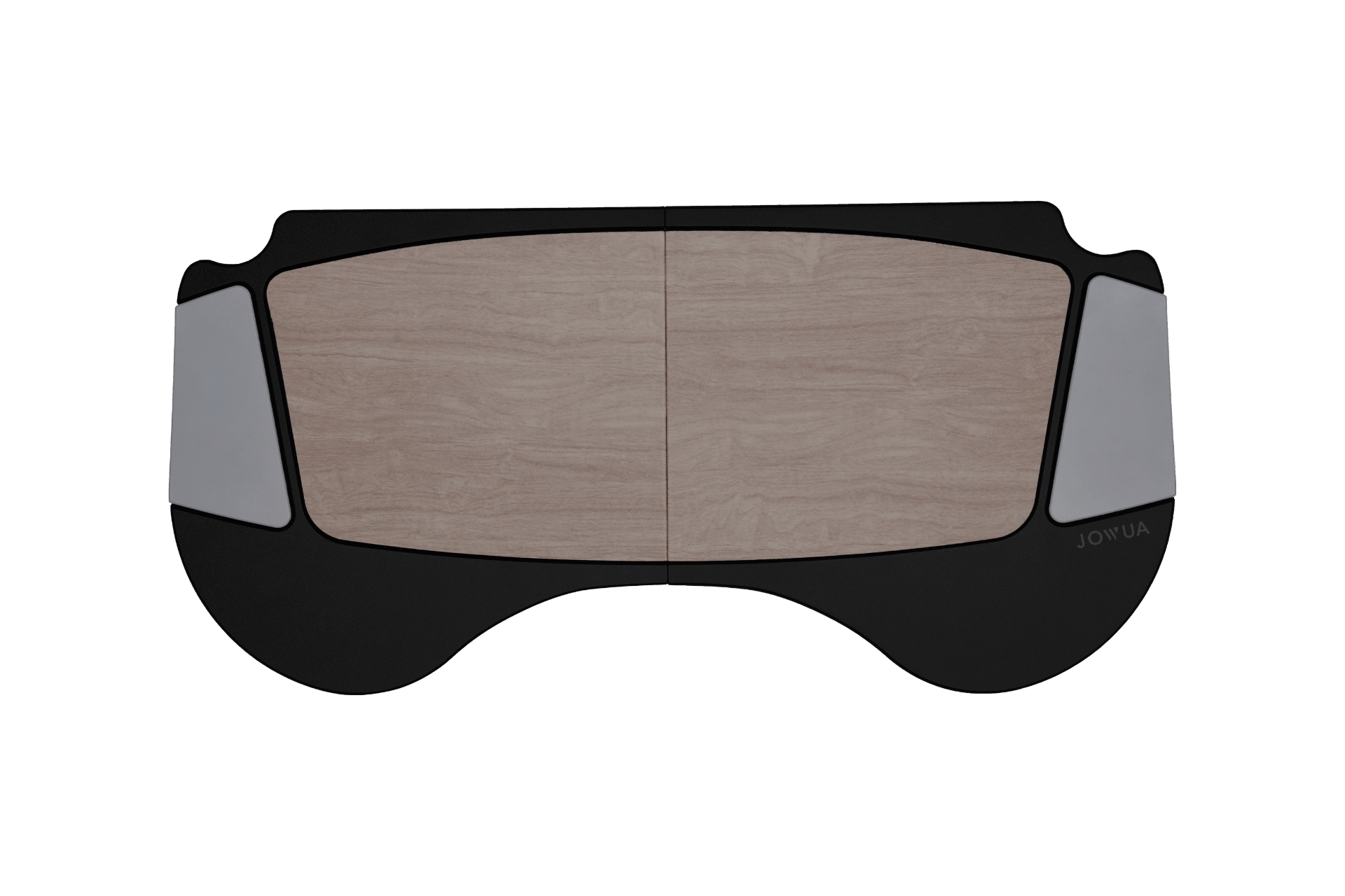 Introducing the JOWUA Foldable Car Tray for Tesla, featuring a light wood center with black and gray edges. Expertly crafted from premium materials, this accessory is ideal for Tesla Model S/3/X/Y. It attaches easily to the steering wheel, providing a convenient surface for work or dining.