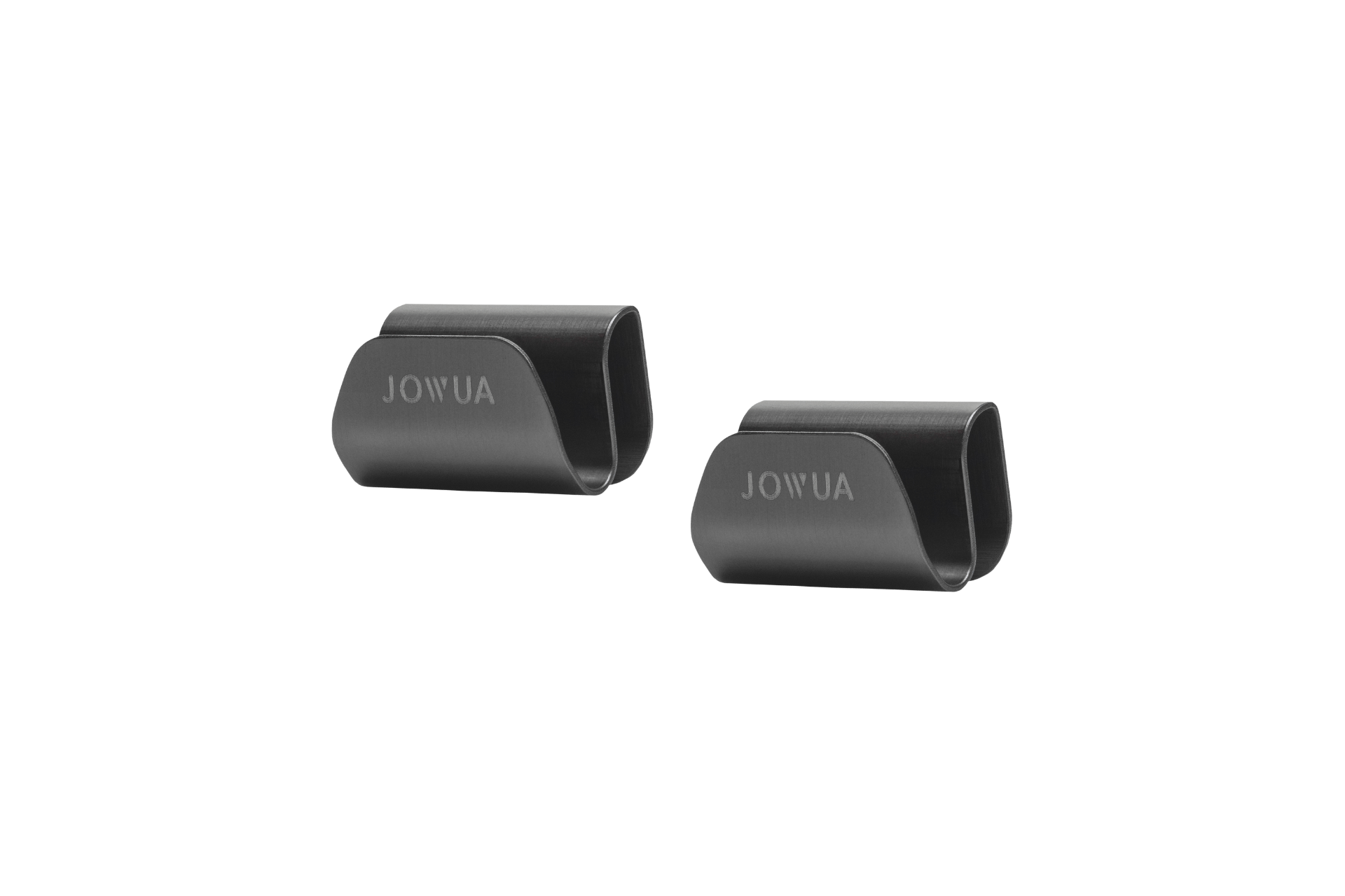 Two black metal clips with “JOWUA” engraving are displayed on a plain white background—ideal as part of the JOWUA All-in-One Interior Upgrade Set for Model Y Juniper (2026+) or as essential Tesla Model Y 2026 accessories.