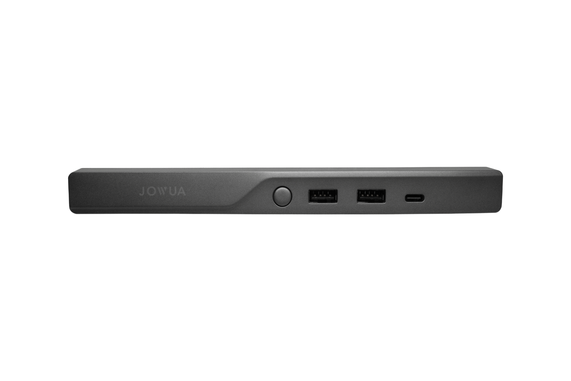 Introducing the JOWUA Hub Bar Mini, a sleek black accessory designed for Tesla Model S/X. It features two USB ports, one USB-C port, and a circular button on the front panel. The brand name "JOWUA" is elegantly embossed on the left side against a transparent background.