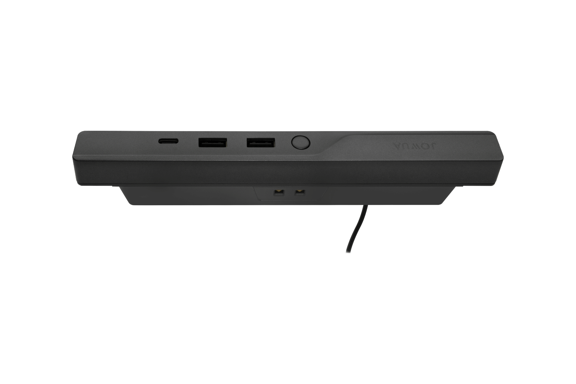 The JOWUA Hub Bar Mini for Tesla Model S / X is a black electronic device characterized by its sleek design, featuring a front row of ports, including USB and potentially HDMI. This USB-C hub offers an ideal combination of a slim profile and power button, with a cable extending from the back. It's elegantly displayed against a neutral background.