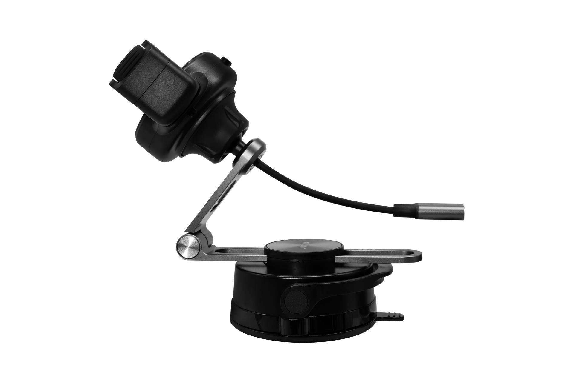 The JOWUA 6D Tesla Compatible Invisible Foldaway Car Mount Qi2 Wireless Charger, shown in black with adjustable metal arms, suction cup base, and attached cable, offers fast MagSafe charging for Tesla S/3/X/Y/Cybertruck.