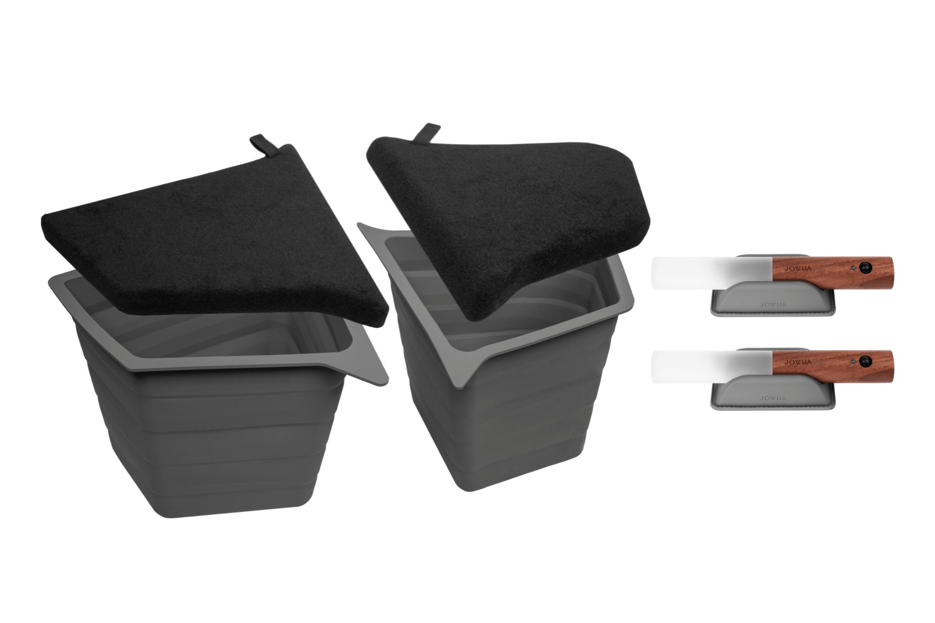 Two JOWUA Trunk Storage Bins Bundle for Model Y (2018-2024) in black with removable lids are shown next to two small cleaver-style knives with wooden handles and matching blade guards on a white background.