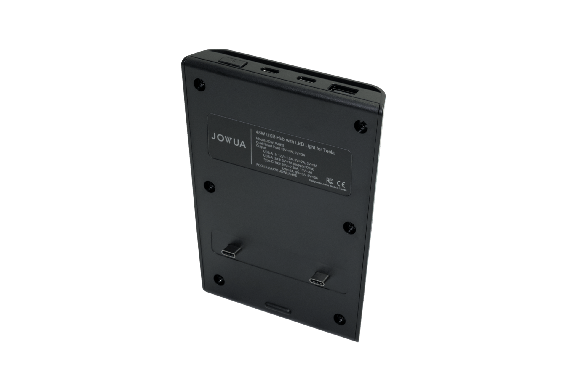 The image showcases a black electronic device labeled "JOWUA," specifically designed as a center console accessory for the Tesla Model 3/Y. It includes specifications of Dual USB-C 45W and features like LED warm light, along with a detachable kickstand and three ports on its top edge, serving as a versatile USB hub.
