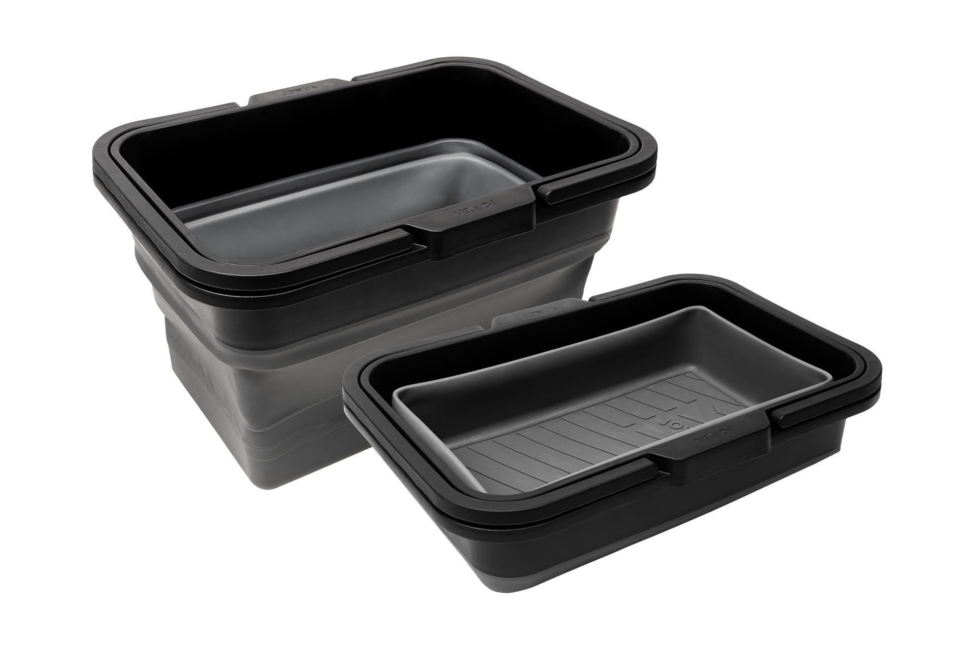 Two black, rectangular Under Seat Collapsible Organizers by JOWUA are displayed. The larger organizer is stacked, whereas the smaller one rests beside it, partially unfolded. Both organizers feature smooth sides and grooves on the inner base for enhanced stability.