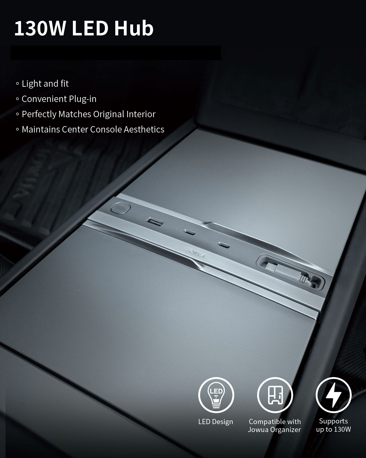 JOWUA's Premium Interior Essentials Set for Model Y Juniper (2025+) features a sleek 130W LED hub with multiple ports and slim design, offering convenient fit, stylish LED lighting, and full compatibility for premium charging needs.