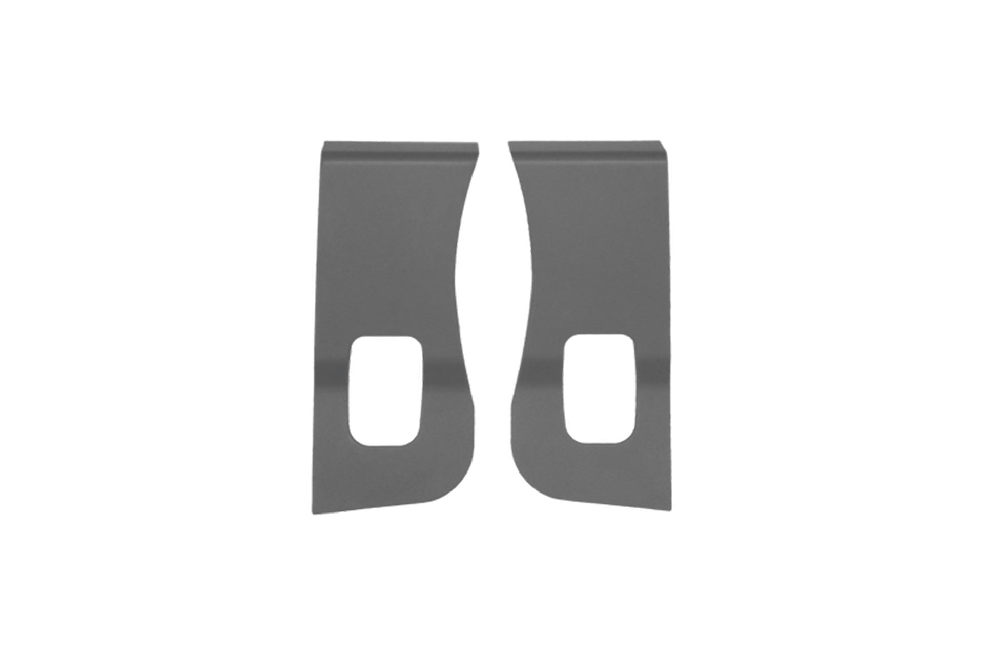 A pair of metal brackets with rectangular cutouts designed for mounting or securing objects are shown in gray, positioned side by side against a plain background. They are perfect for supporting the JOWUA Foldable Car Tray for Tesla, enhancing your vehicle's organization.