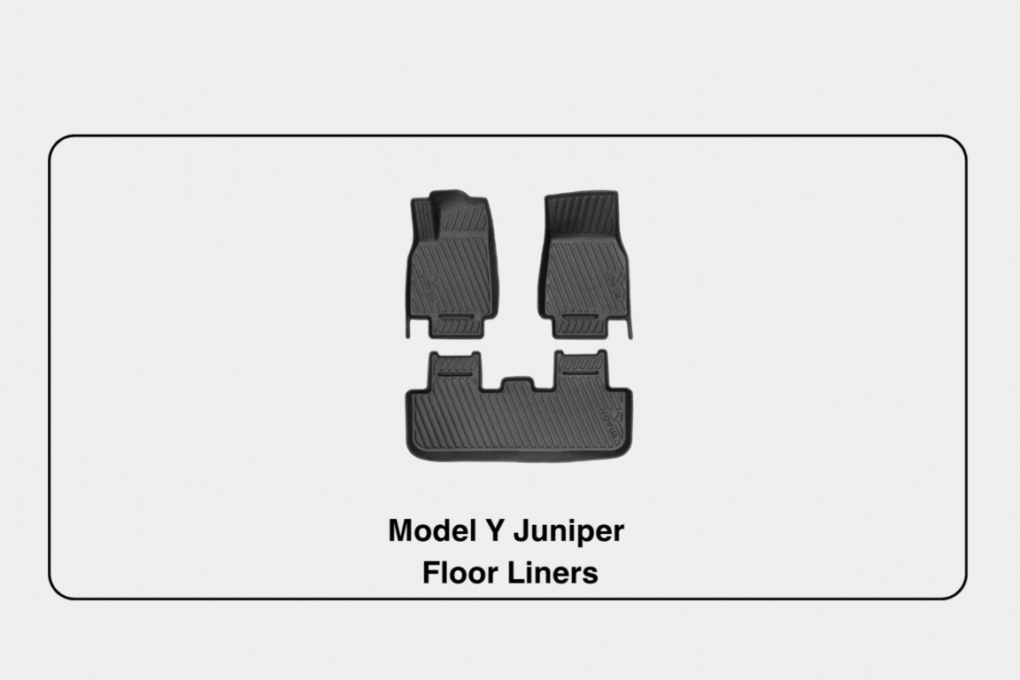 Three black, textured floor liners by JOWUA for the Tesla Model Y Juniper are displayed on a white background with "Premium Interior Essentials Set – Model Y Juniper" below, highlighting essential upgrades for your vehicle.