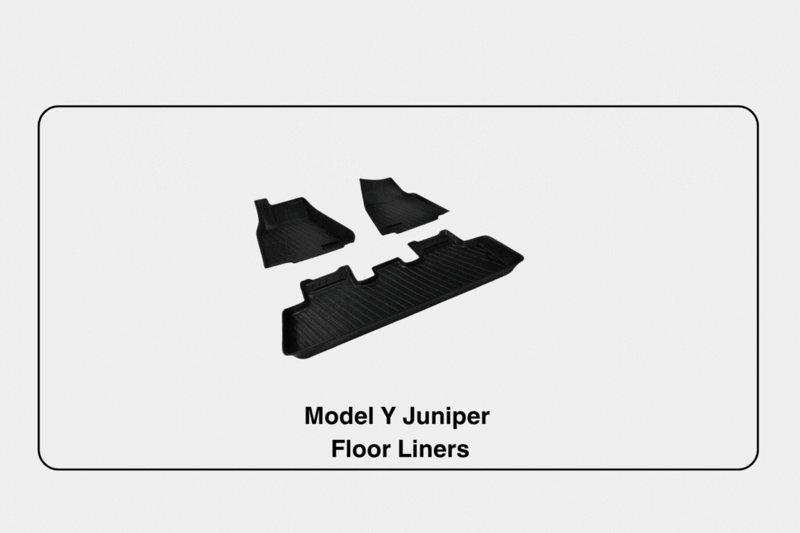 Three black JOWUA Premium Interior Essentials Set (RHD) floor liners for Model Y Juniper (2025+) are shown on a white background above the text: "Model Y Juniper Floor Liners. Premium Interior Essentials.