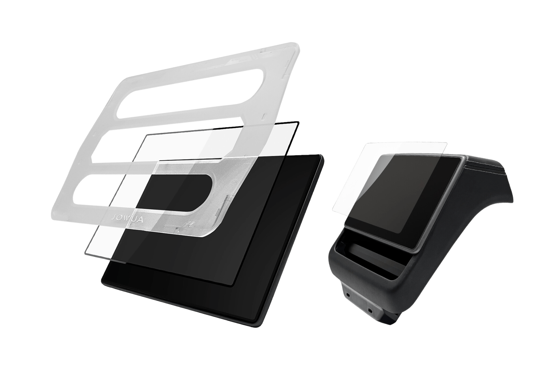 Exploded view showing the JOWUA Tempered Glass Screen Protector for Tesla Model Y 2025+/Model 3 2024+, with frame, two transparent sheets, flat black screen, and black mounting case on a white background.