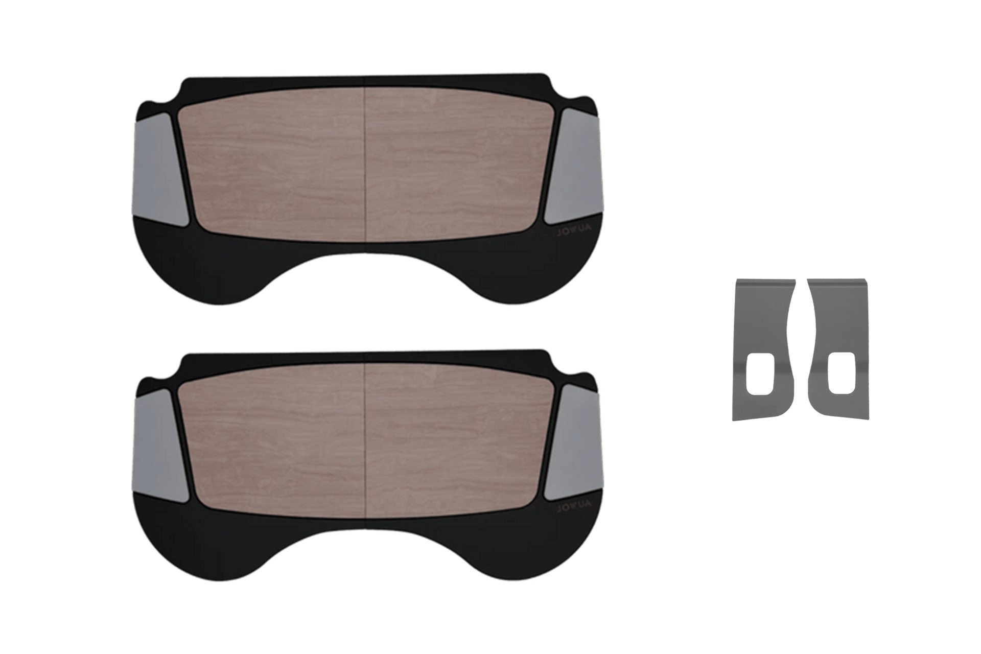 Two Foldable Car Tray Bundles by JOWUA are displayed in a top-down view. Each bundle showcases a light wood center paired with black and gray sides, echoing the sleek design of the reengineered Model 3 Highland from 2024. A side view diagram illustrates the trays in their collapsible position, emphasizing their foldable versatility.