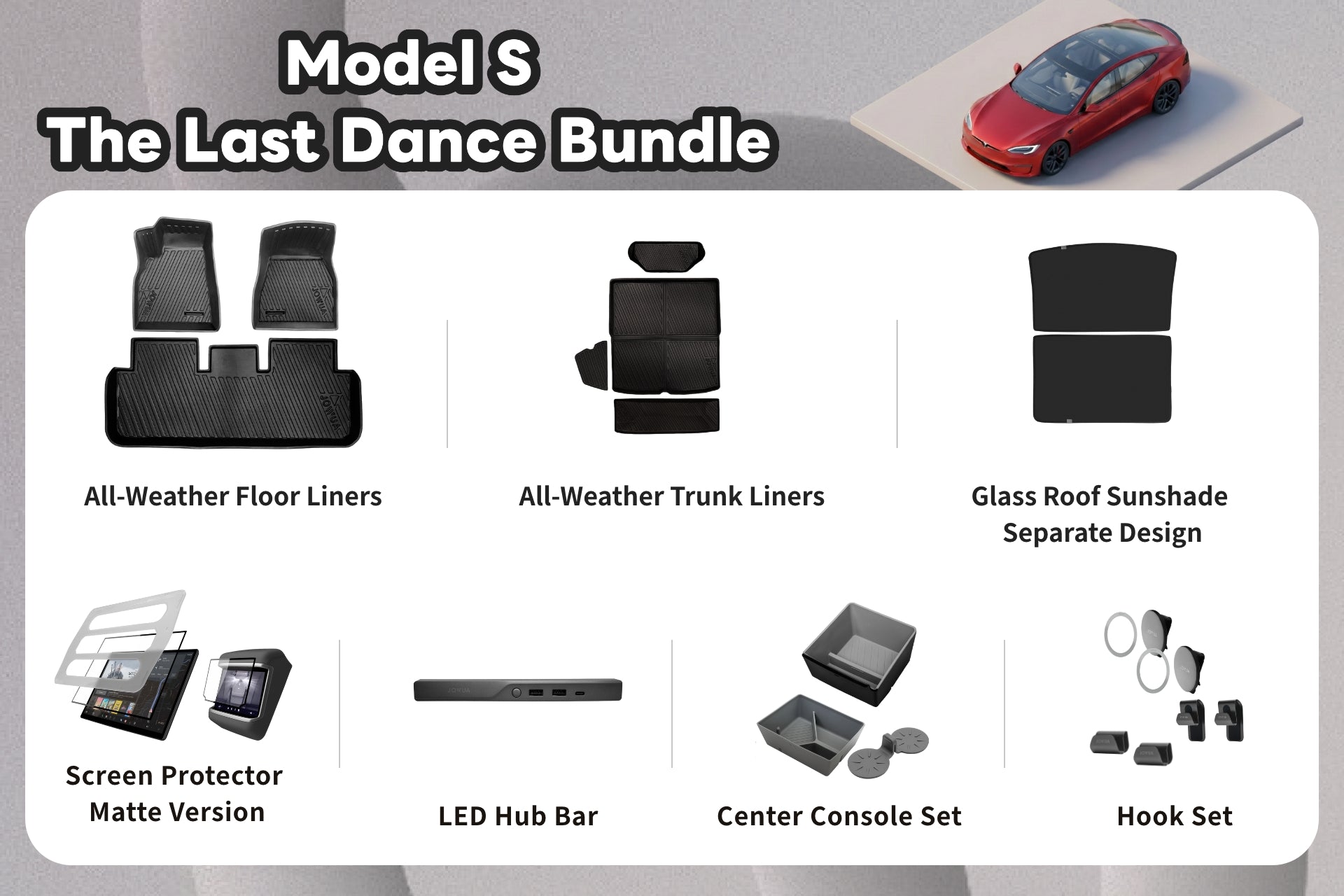 A promotional image for the JOWUA Model S - Last Dance Bundle shows a red car with Model S accessories: all-weather floor liners, trunk liners, glass roof sunshade, screen protector, LED hub bar, console set, and hook set.