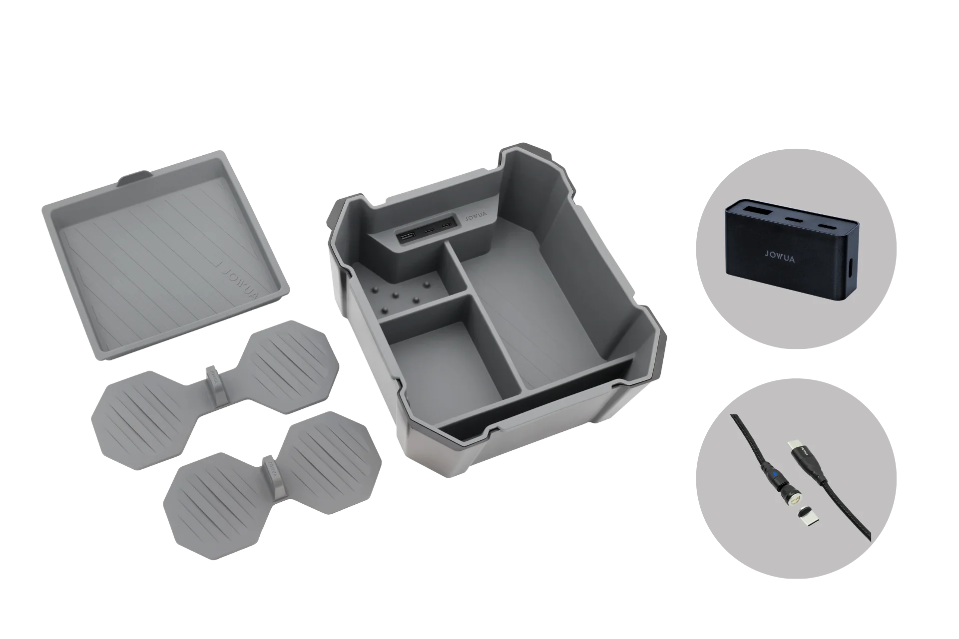 The JOWUA Center Console Set for Tesla Cybertruck, including a gray storage box with lid, two silicone coasters, a black USB-C power hub, and a USB-A to USB-C cable, is displayed separately on a white background.