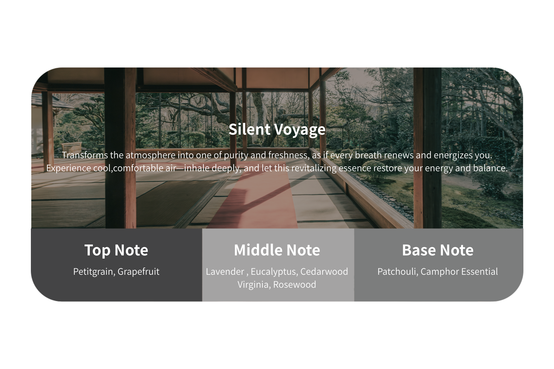 Silent Voyage Transforms the atmosphere into one of purity and freshness, as if every breath renews and energizes you.
Experience cool,comfortable air—inhale deeply, and let this revitalizing essence restore your energy and balance.