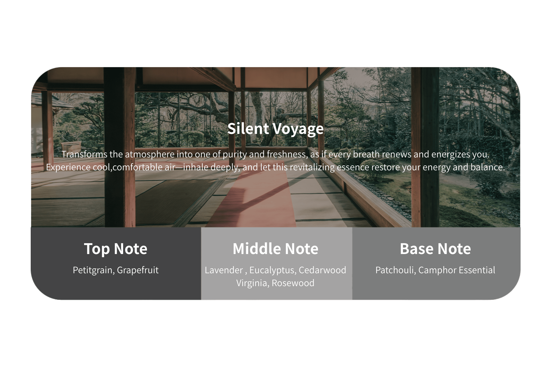 Silent Voyage Transforms the atmosphere into one of purity and freshness, as if every breath renews and energizes you.
Experience cool,comfortable air—inhale deeply, and let this revitalizing essence restore your energy and balance.