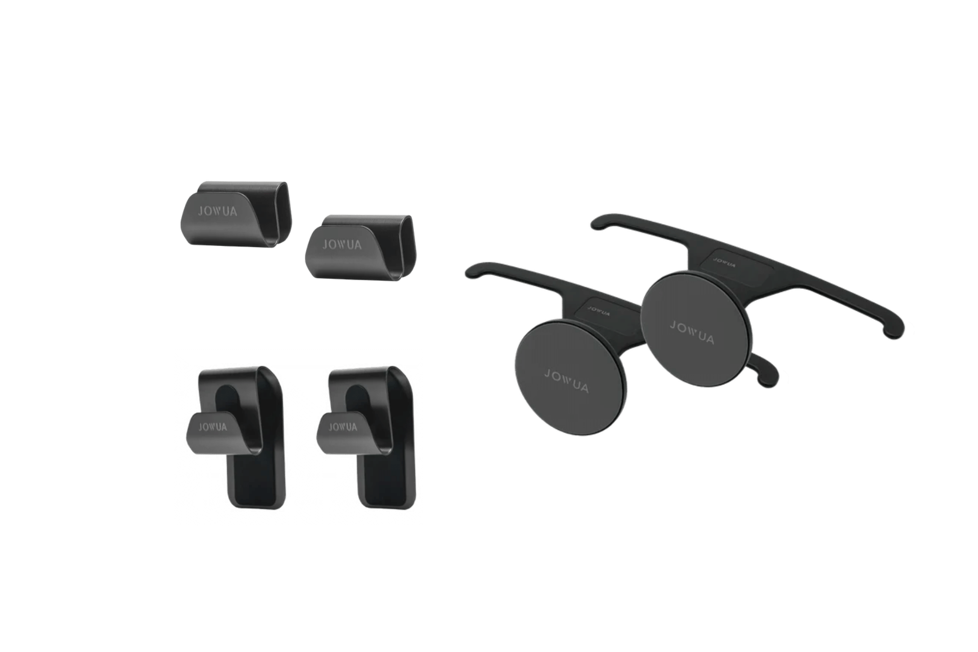 Presented are three black car accessory sets: two round rearview mirror attachments, two headrest hooks, and two seat belt clips from JOWUA. Included is a handy MagSafe Car Seat Holder for effortless phone access during travel.