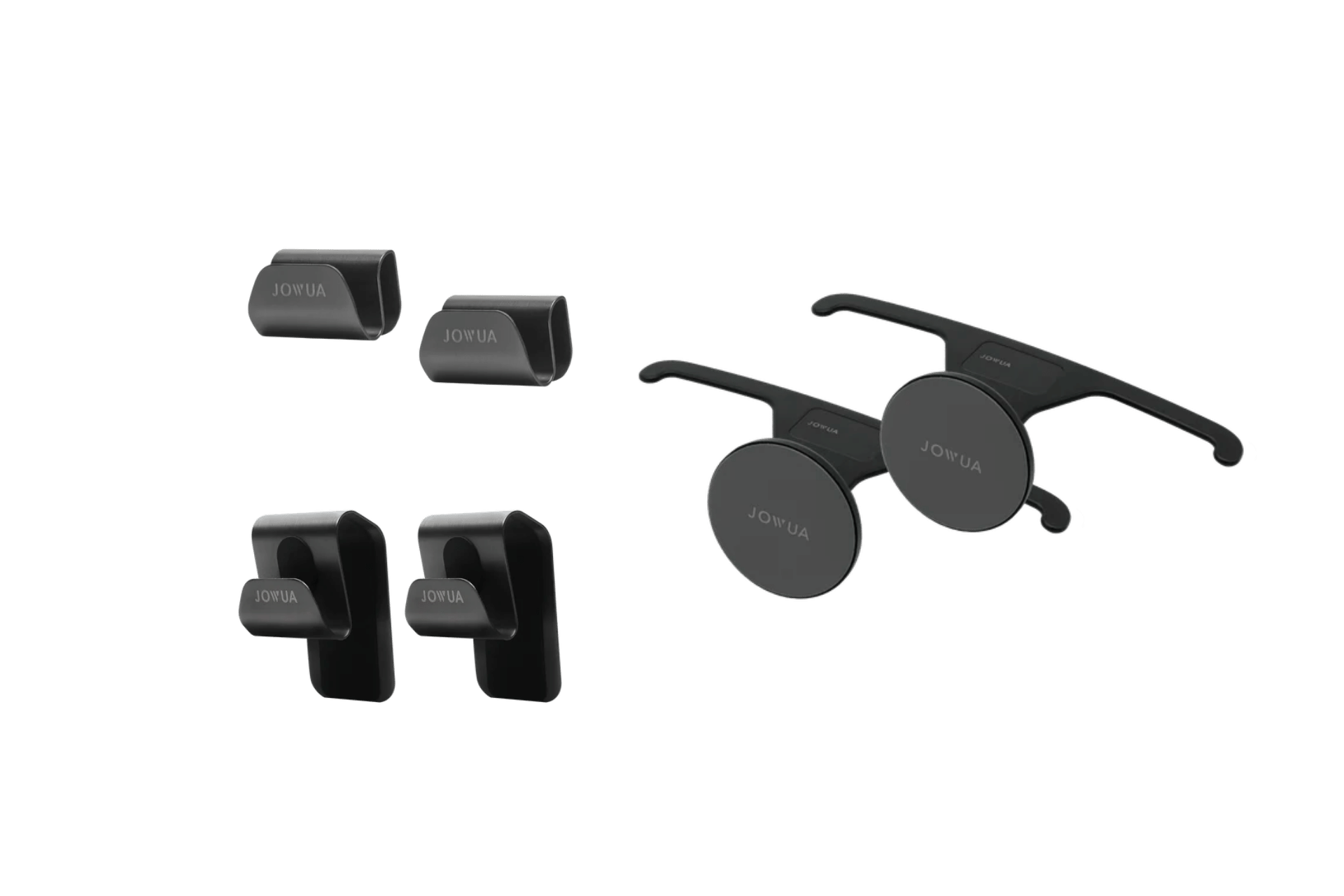 Introducing the Hook Bundle (Model Y) by JOWUA Taiwan, a set of black car headrest hooks ideal for holding bags. Choose between single or dual hook options, with each one proudly displaying the "JOWUA" brand name. These hooks are the perfect addition to your MagSafe car seat holder setup.
