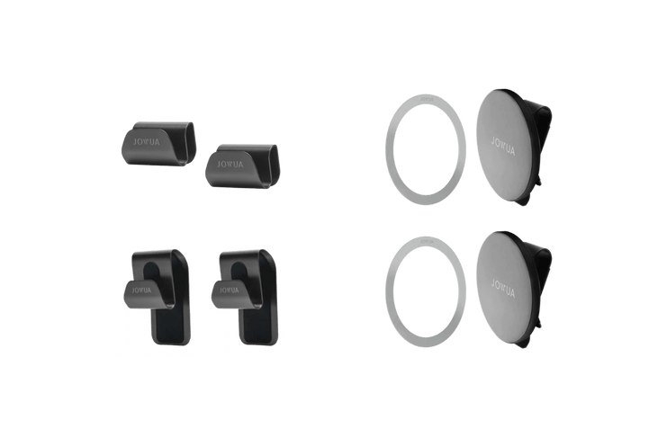 Four pairs of black and silver JOWUA phone mounts, part of the Premium Interior Essentials Set (RHD) – Model Y Juniper (2025+), including two magnetic round mounts with metal rings and four rectangular or hook-style mounts. Shown on a plain background.
