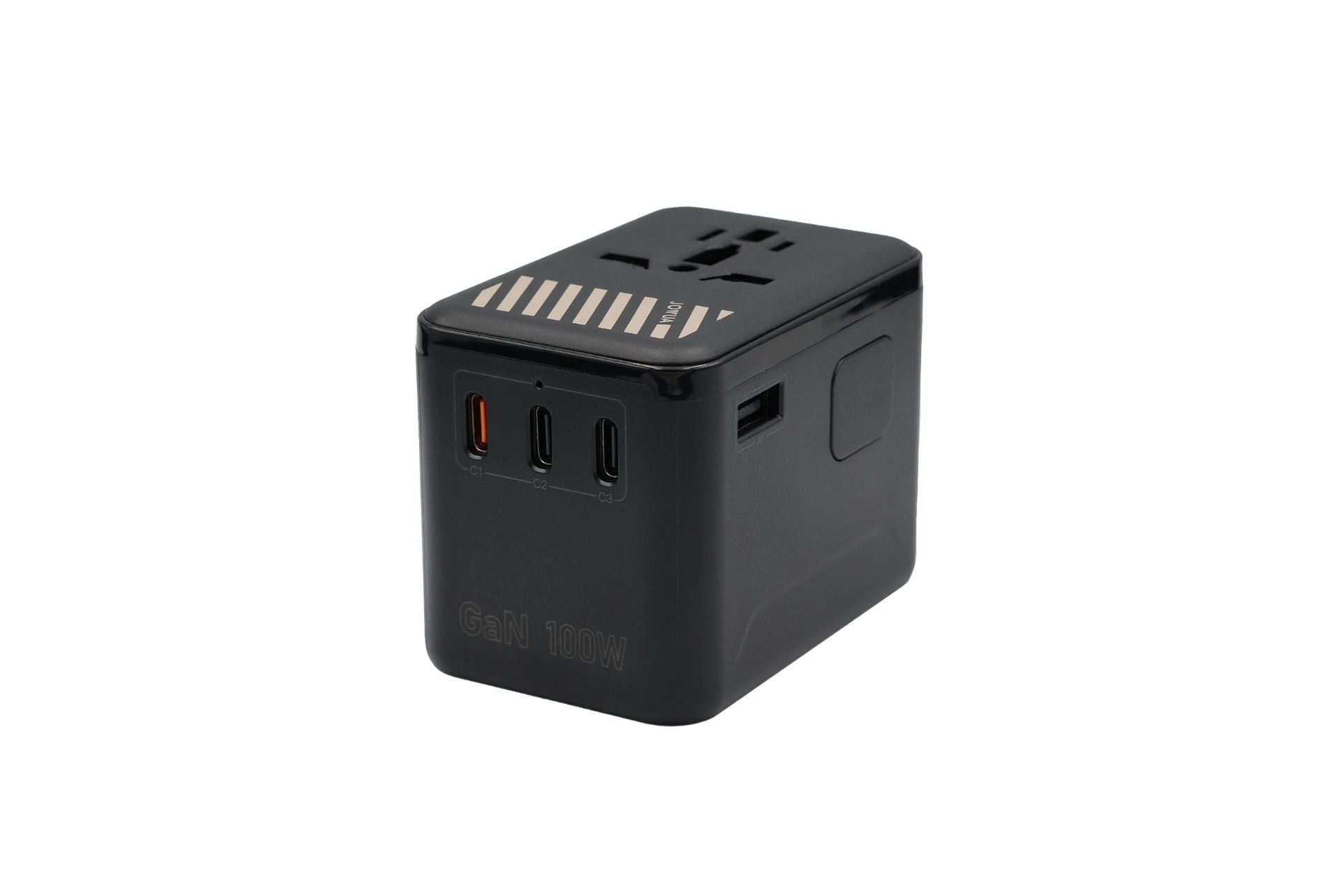 The JOWUA 100W GaN Travel Adapter, in black, features multiple top socket types and three charging ports (2 USB-C, 1 USB-A), labeled "GaN 100W," providing powerful fast charging against a plain white background.