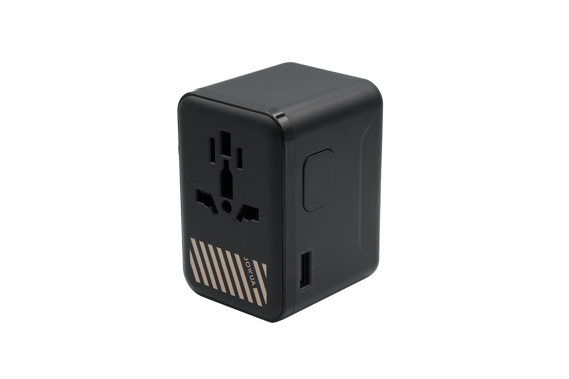 The JOWUA 100W GaN Travel Adapter features multiple plug socket options, a USB port, efficient GaN charging, and diagonal metallic stripes near the base. Shown in black against a plain white background.