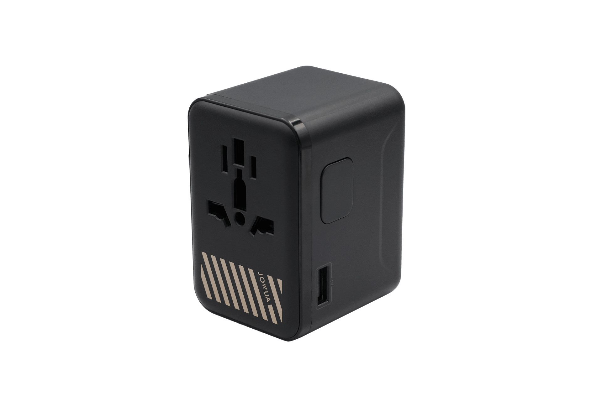 The JOWUA 100W GaN Travel Adapter features multiple plug socket options, a USB port, efficient GaN charging, and diagonal metallic stripes near the base. Shown in black against a plain white background.