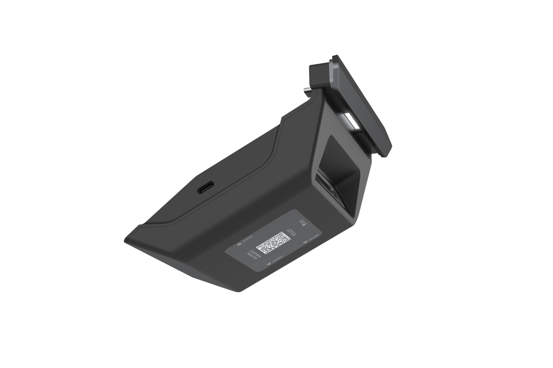 The JOWUA 130W LED Rear Vent Hub for Model 3 Highland 2024+ and Model Y Juniper 2025+ is shown in black with an angular design, QR code label, retractable USB-C cable for fast charging, and bracket attachment on a white background.