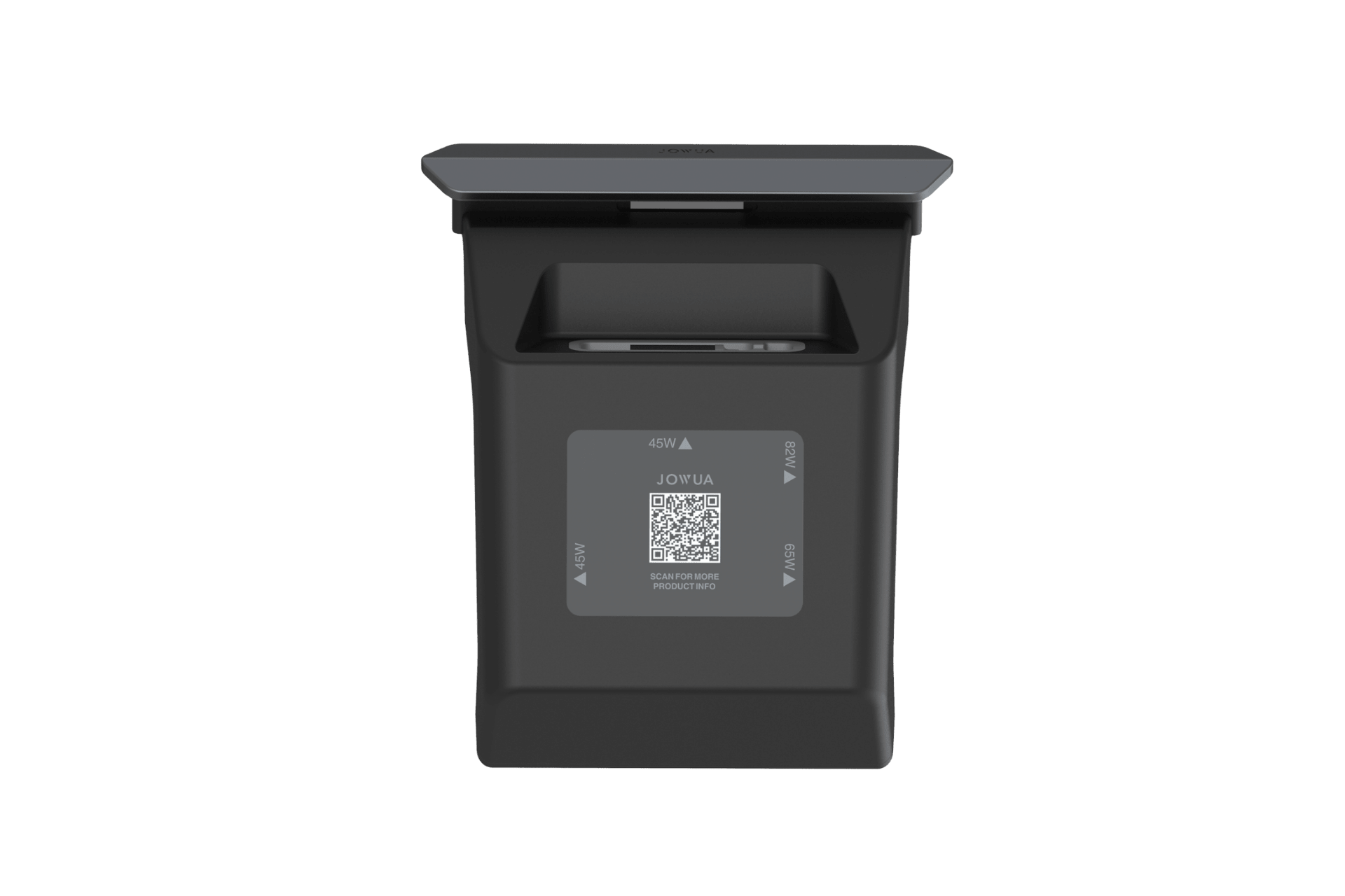 The JOWUA 130W LED Rear Vent Hub (Model 3 Highland 2024+/ Model Y Juniper 2025+) is a black electronic device with a rectangular slot, QR code, and labels on the front. It features fast charging and is shown against a plain white background.