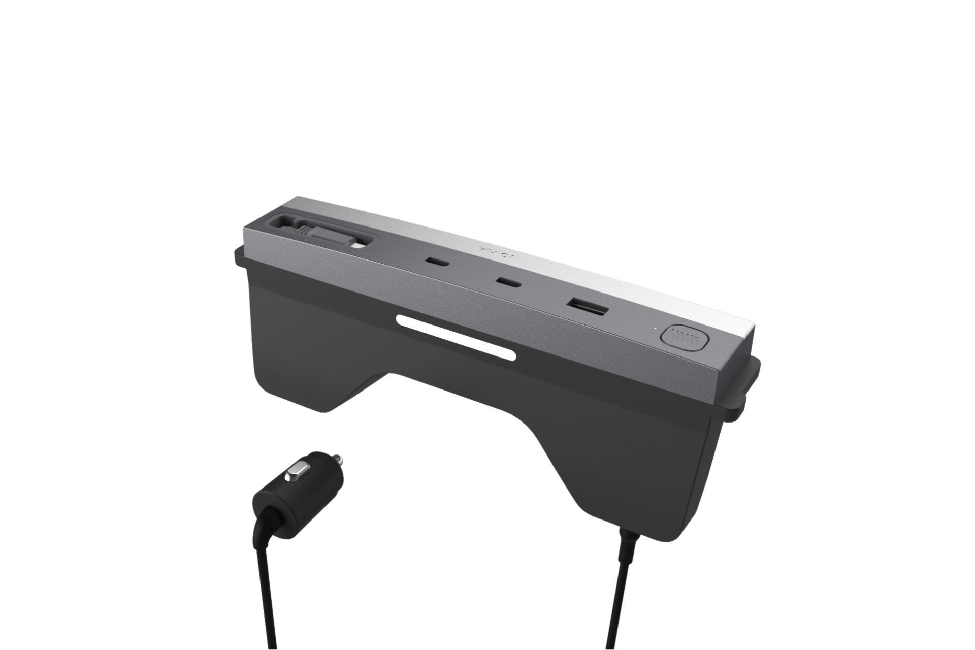 The JOWUA All-in-One Interior Upgrade Set for Model Y Juniper (2026+) is a sleek black and silver accessory featuring multiple USB and USB-C ports plus a power button—an ideal Tesla upgrade. Shown with a connected car charger plug.
