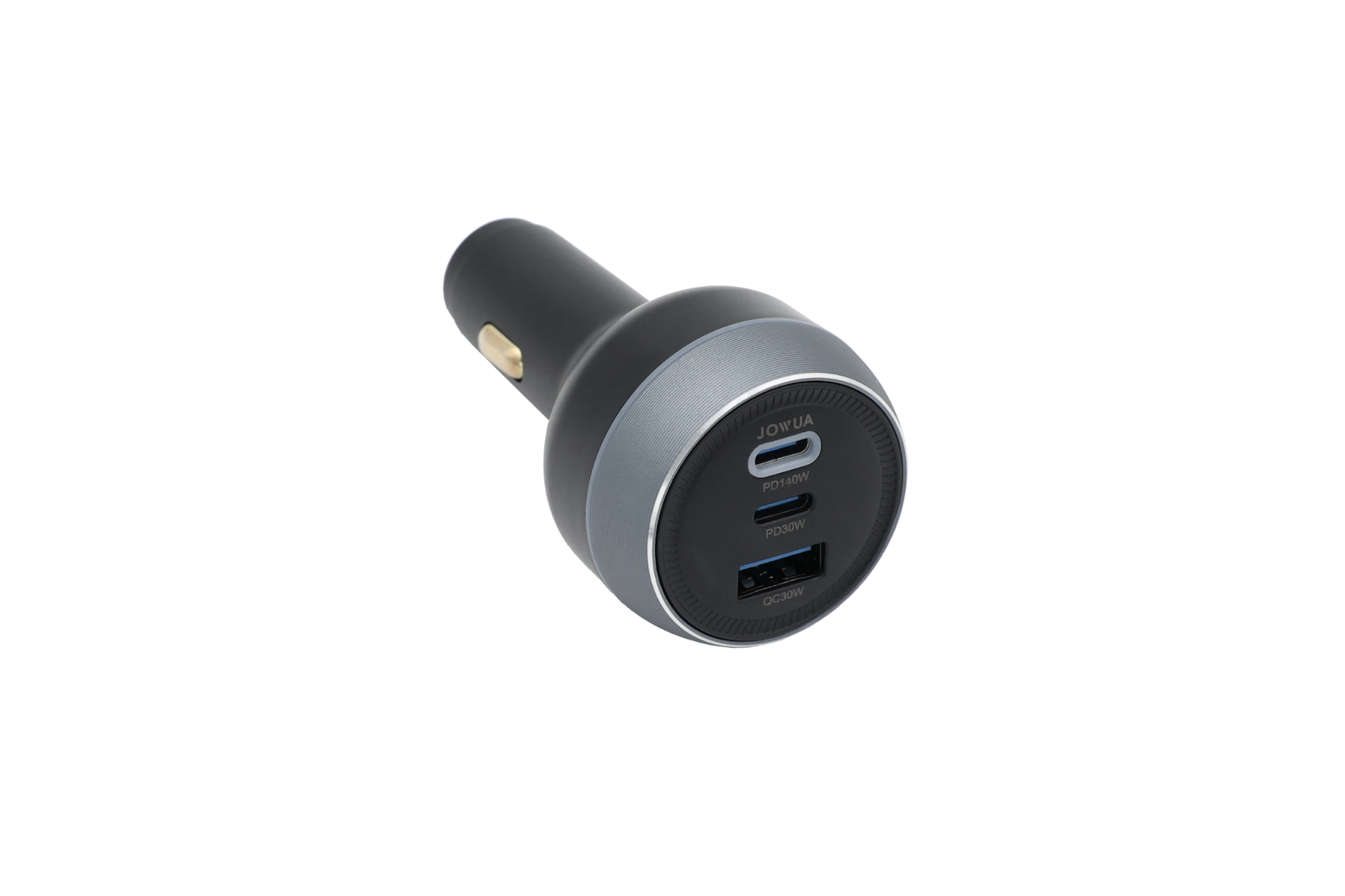 The JOWUA 165W PD3.1 Car Charger, in black and silver with USB-A and USB-C ports, designed for Tesla and supporting PD3.1 fast charging, is shown angled on a white background.