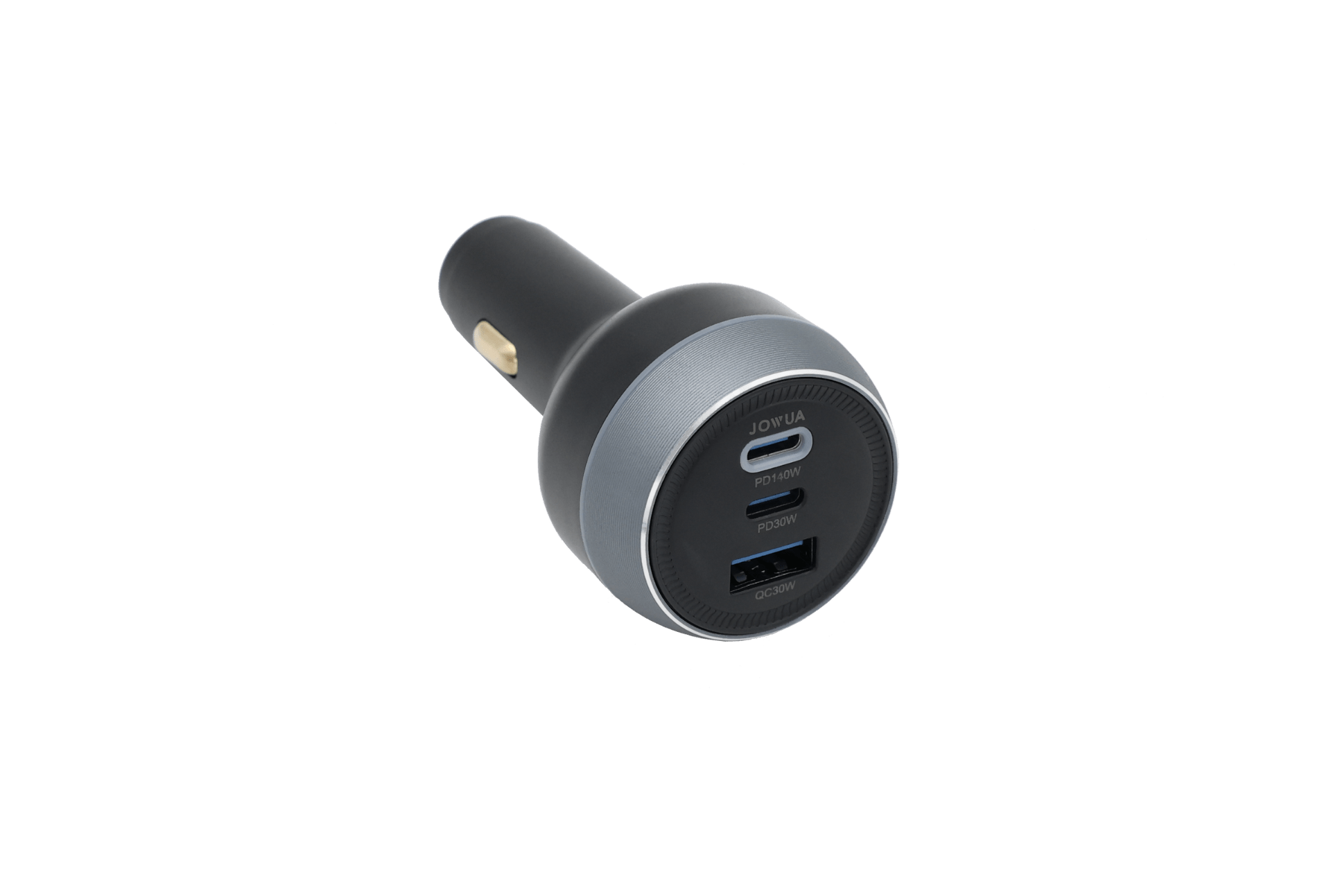 The JOWUA 165W PD3.1 Car Charger, in black and silver with USB-A and USB-C ports, designed for Tesla and supporting PD3.1 fast charging, is shown angled on a white background.