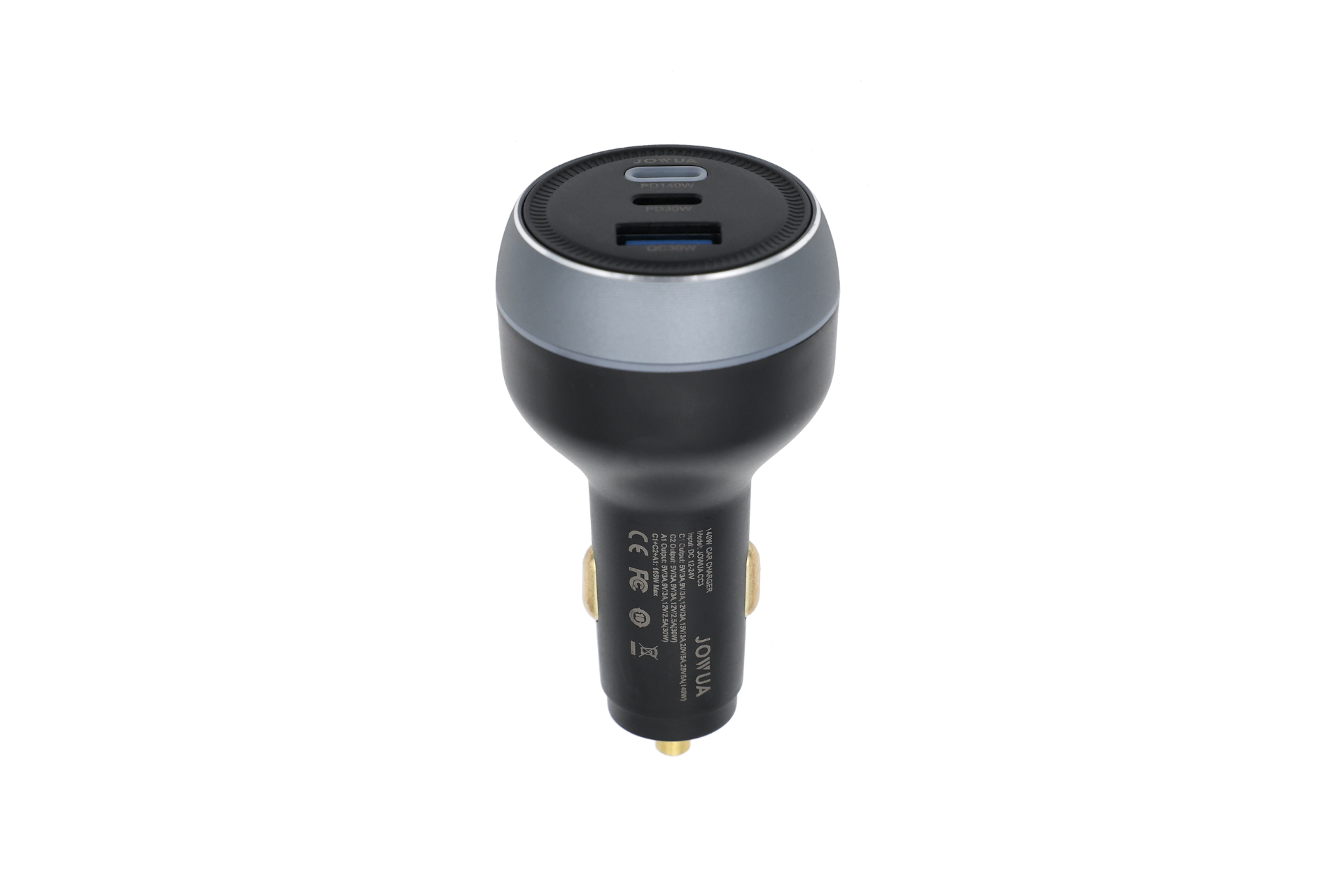 The JOWUA 165W PD3.1 Car Charger is a black charger with a silver accent, featuring USB-C and USB-A ports, optimized for Tesla, and supports fast charging up to 165W. Plugs into your car's power socket.