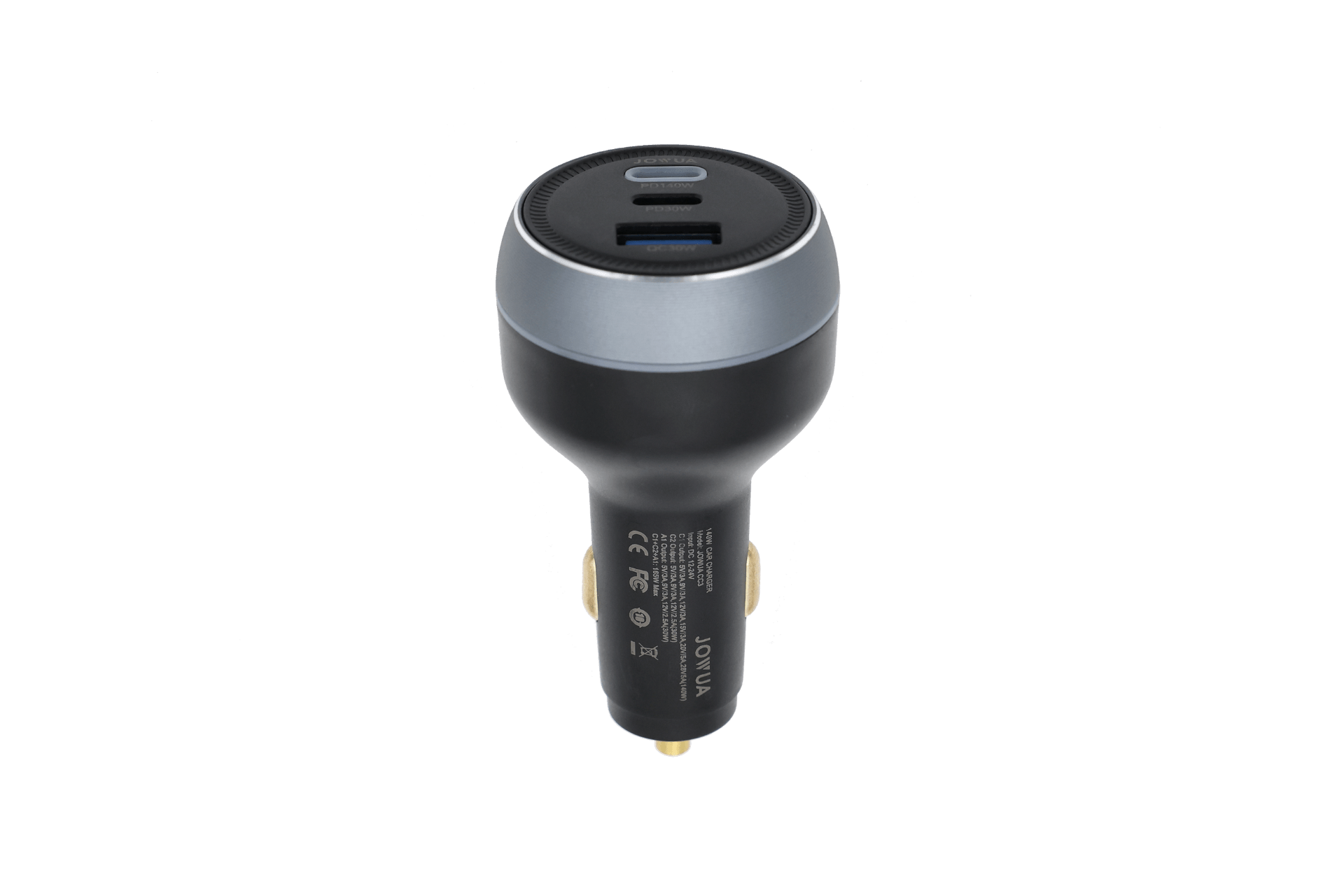 The JOWUA 165W PD3.1 Car Charger is a black charger with a silver accent, featuring USB-C and USB-A ports, optimized for Tesla, and supports fast charging up to 165W. Plugs into your car's power socket.
