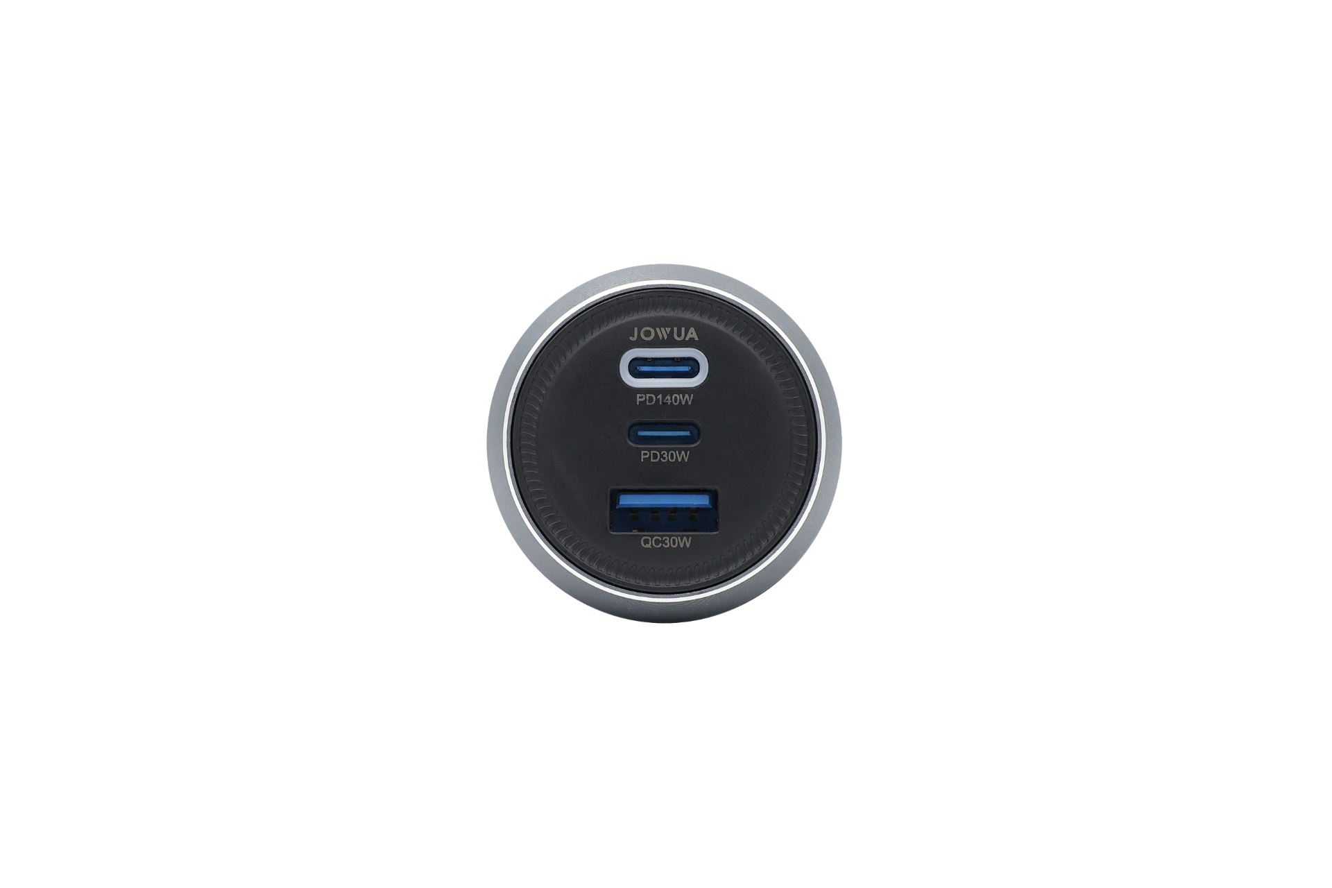 Close-up of the JOWUA 165W PD3.1 Car Charger, round and black, designed for Tesla. Features two USB-C (PD 100W/30W) and one USB-A (QC 30W) ports for a total 165W fast charging output. Brand name "JOWUA" shown above the ports.