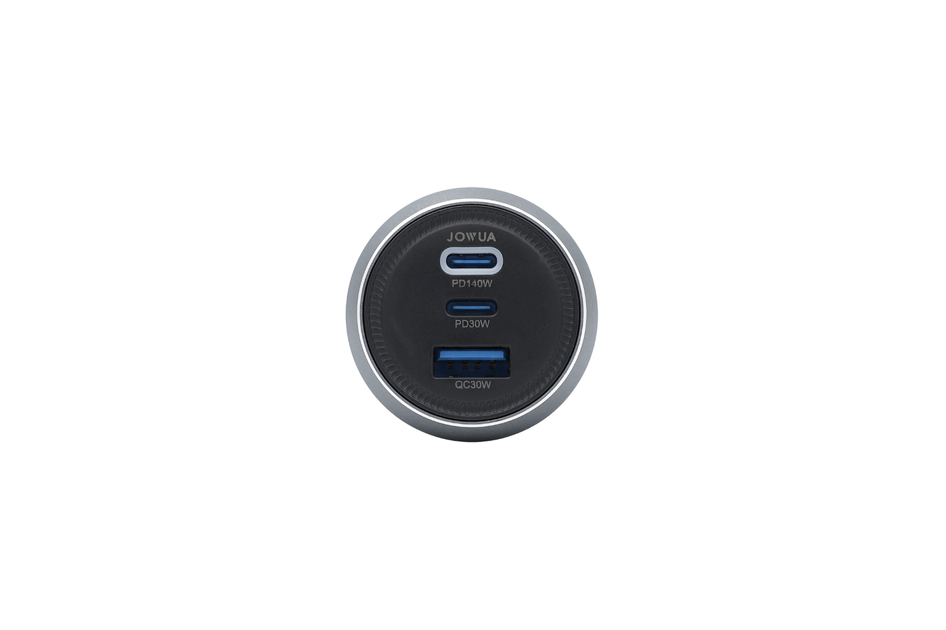 Close-up of the JOWUA 165W PD3.1 Car Charger, round and black, designed for Tesla. Features two USB-C (PD 100W/30W) and one USB-A (QC 30W) ports for a total 165W fast charging output. Brand name "JOWUA" shown above the ports.