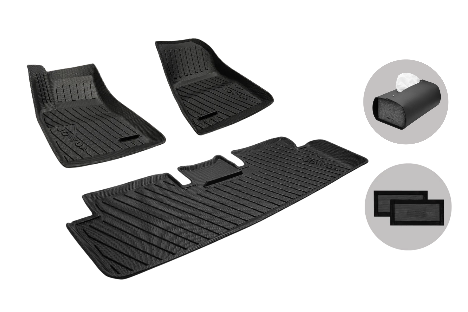 JOWUA Model 3 Highland 2024+ All-Weather Floor Liners (Right Hand Drive) in black are custom-fit for front and rear seats. Insets display mat texture, a rolled-up liner, and two rectangular filter inserts on a gray background.