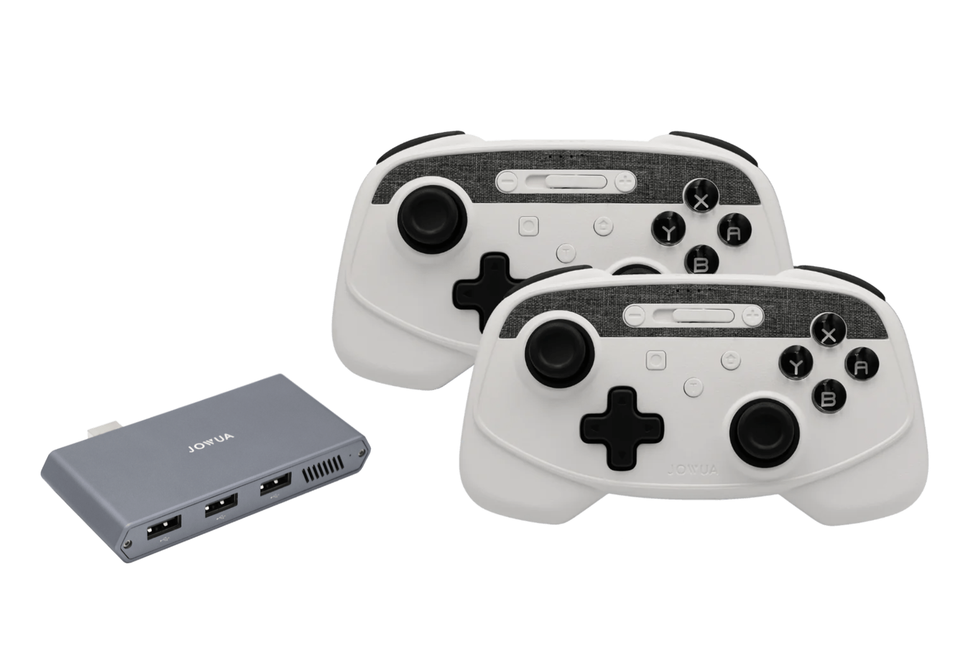 Two JOWUA Wireless Tesla Game Controllers Combo rest beside a gray USB hub with multiple ports, perfect for any multi-gaming platform.