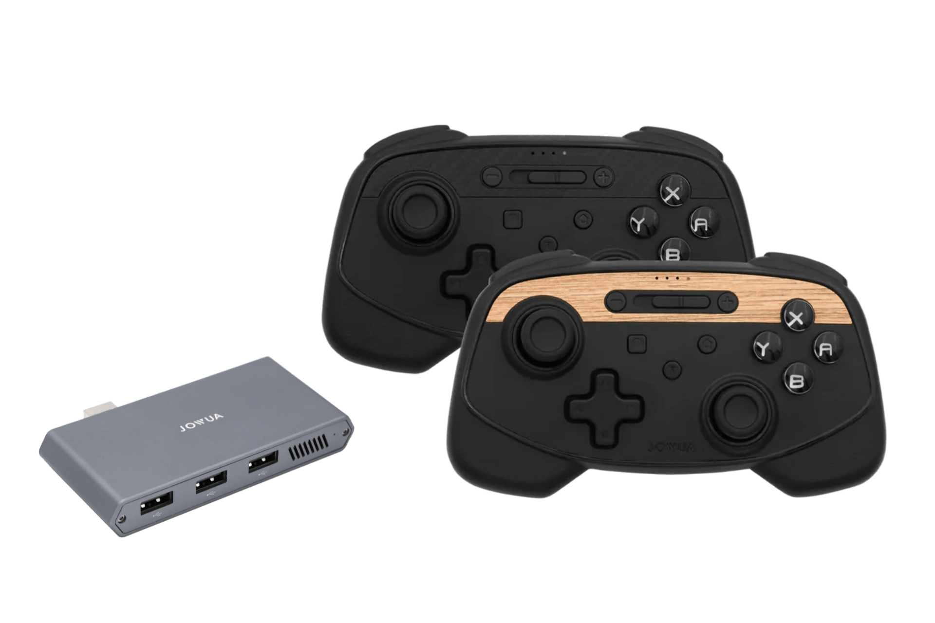 Two black JOWUA Wireless Tesla Game Controllers (one with a wood-style accent) sit beside a compact gray USB hub with multiple ports—perfect for seamless multi-gaming on any platform. All are displayed on a white background.