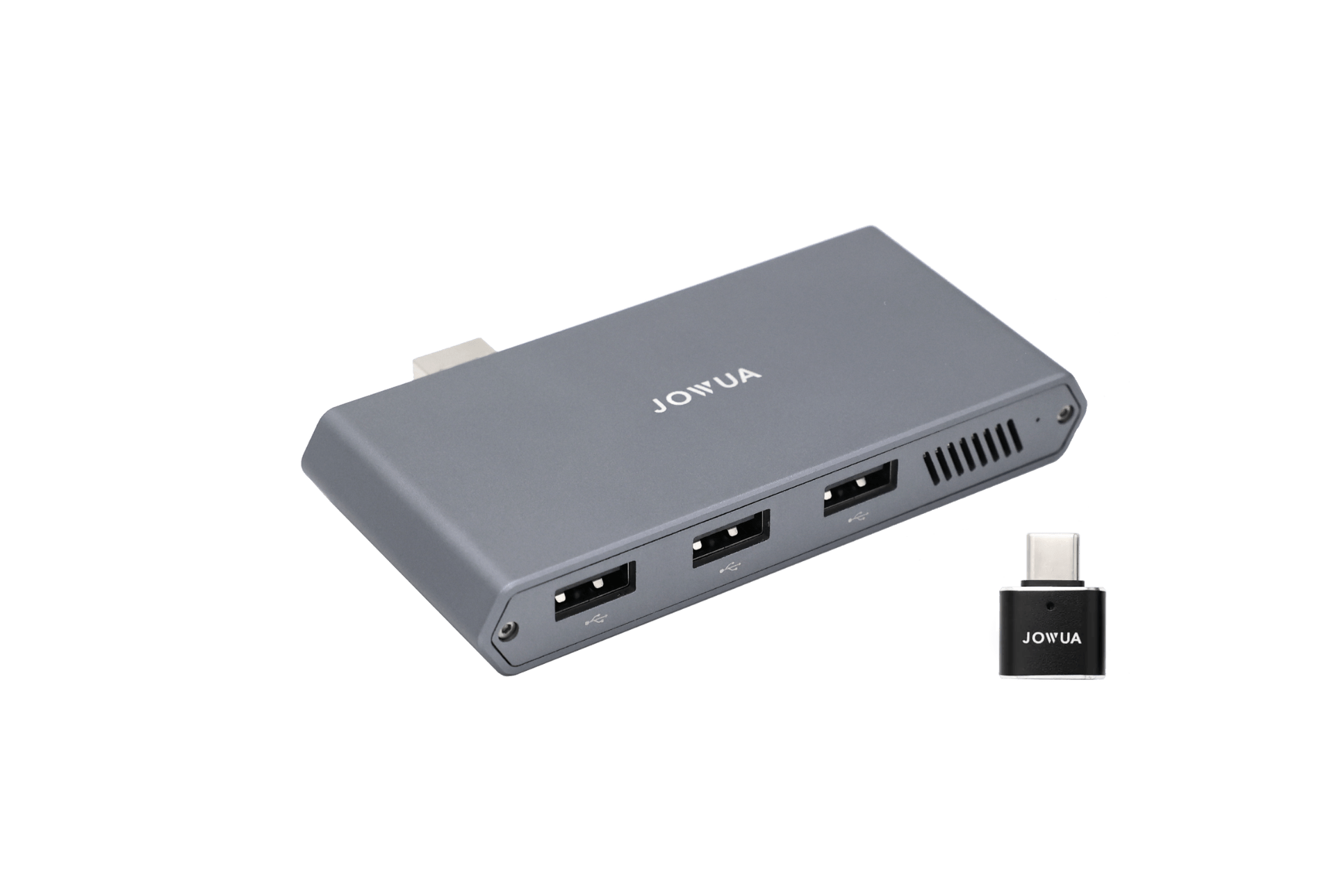 The JOWUA Tesla 1TB SSD + 3-Port HUB features ventilation slots, a grey finish, and a detachable adapter—ideal for Sentry Mode storage or easy connections in your glovebox.