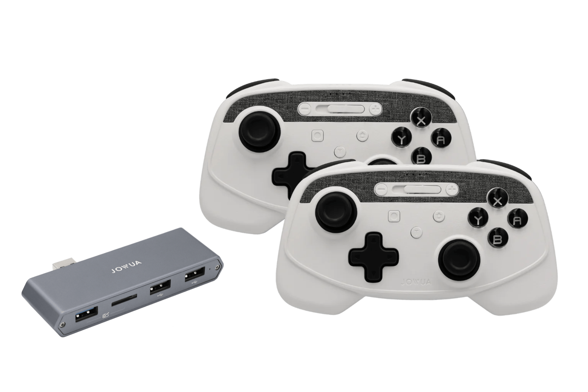 The JOWUA Wireless Tesla Game Controllers Combo (Model S/X/3HL/Y Juniper/Cybertruck) in black and white pairs perfectly with a compact gray USB hub featuring three ports and a USB-C connector—ideal for multi-gaming setups.