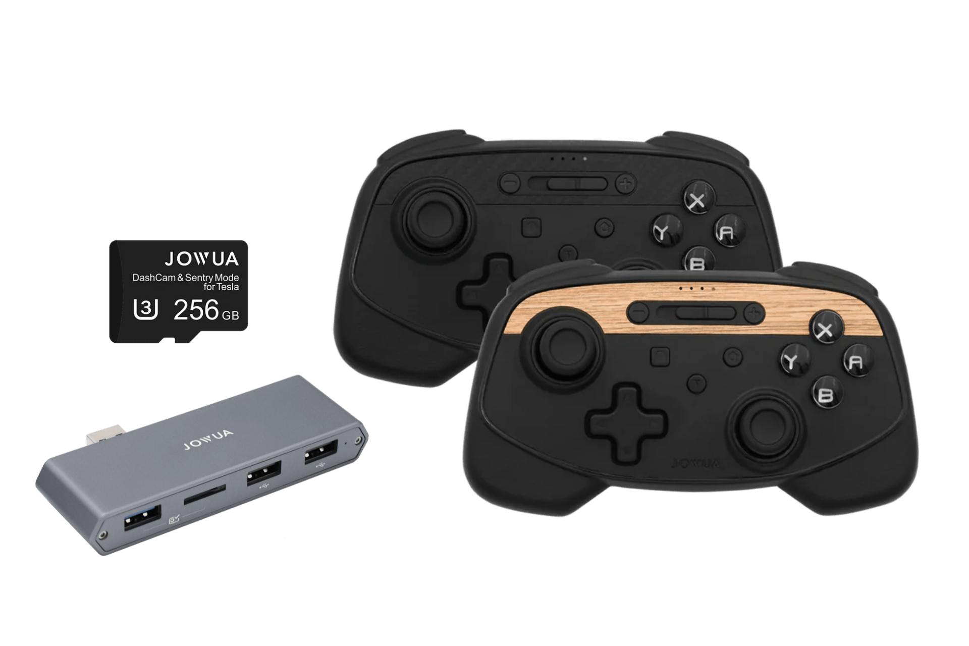 A 256GB memory card, a silver 3-port USB hub, and JOWUA Wireless Tesla Game Controllers Combo—two black controllers (one with wood-like accent)—are shown on a white background. Perfect for Bluetooth use with multiple gaming platforms.
