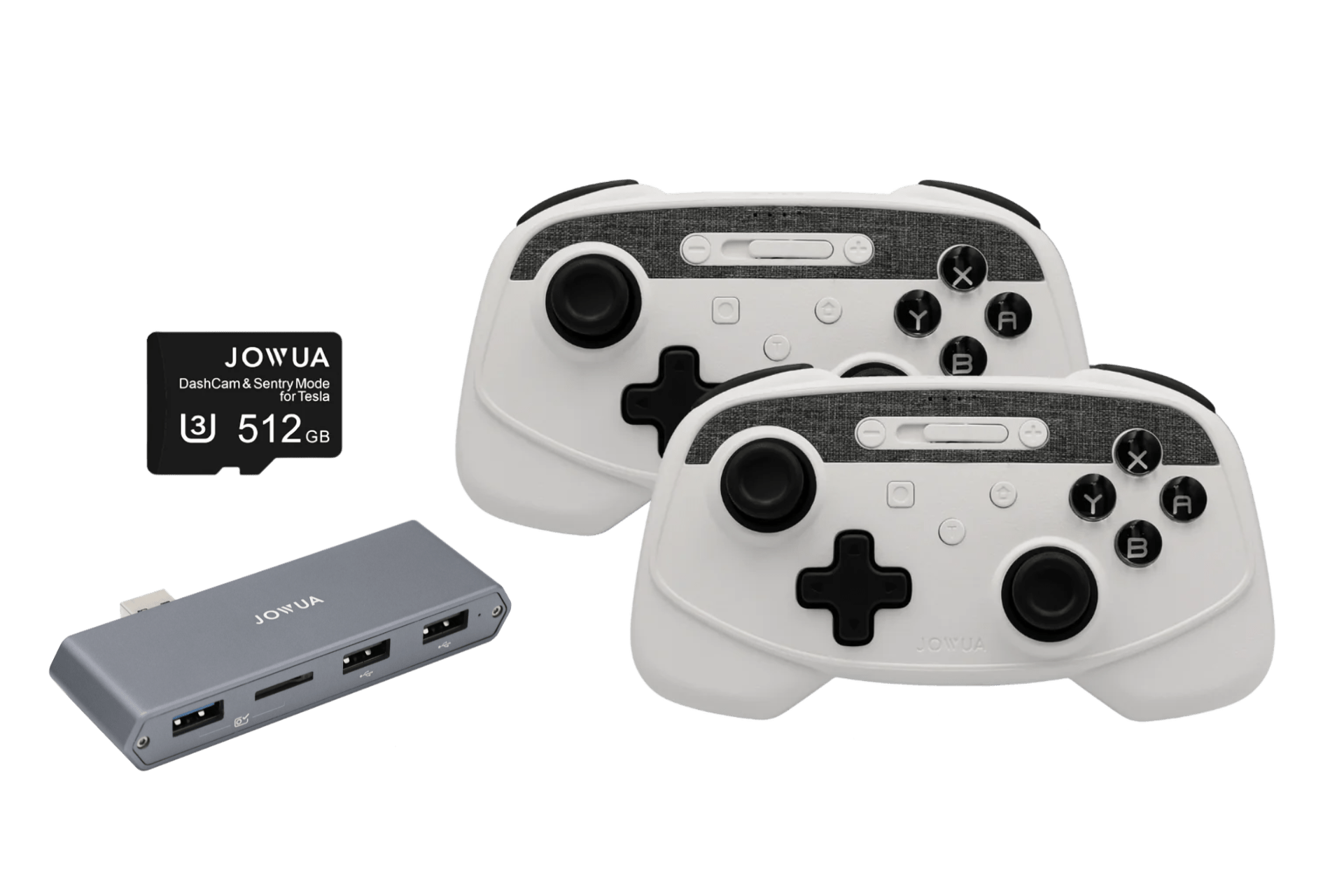 The JOWUA Wireless Tesla Game Controllers Combo, a 512GB microSD card, and a compact gray 3-port USB hub are displayed on a plain background—perfect for any multi-gaming setup.
