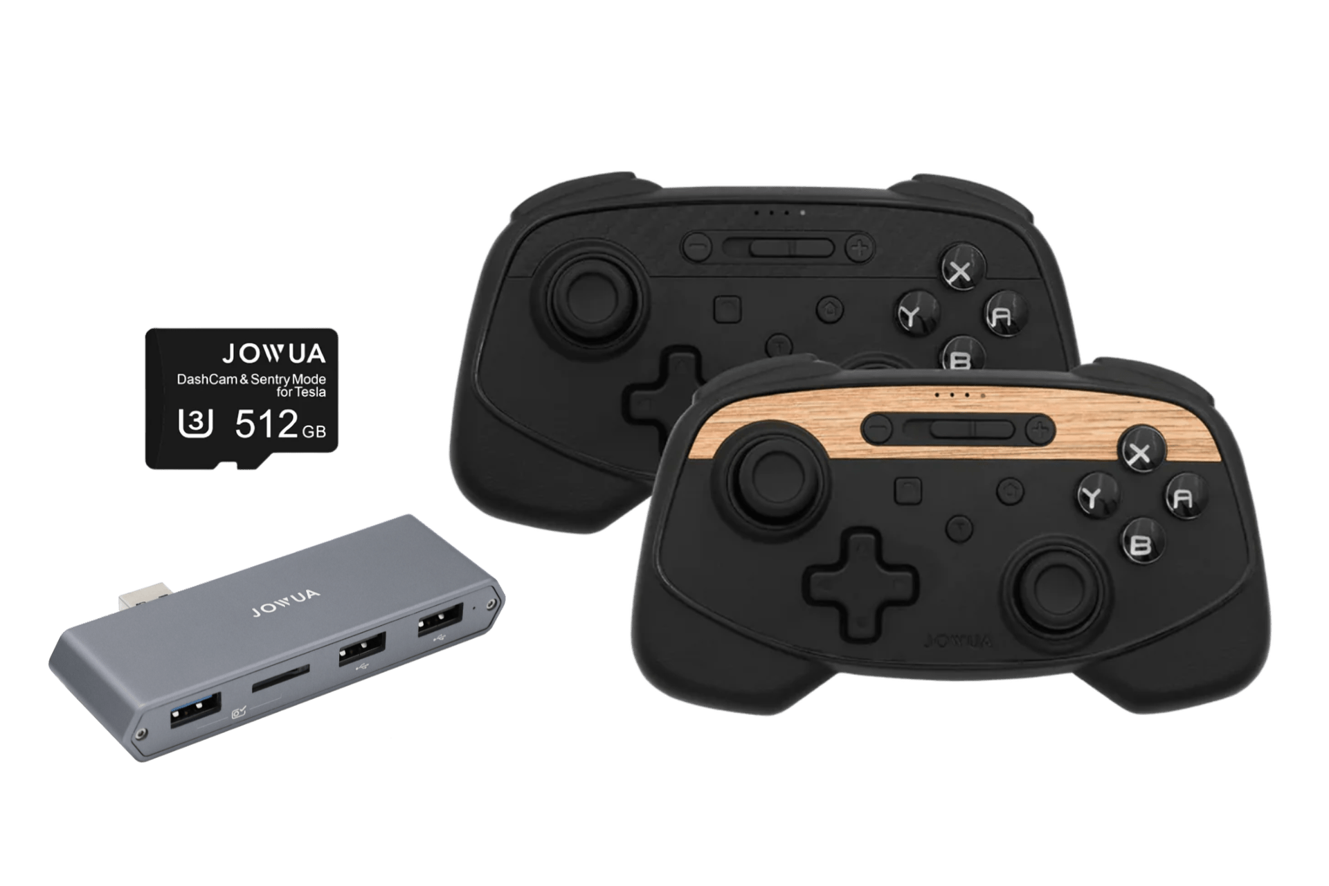 The JOWUA Wireless Tesla Game Controllers Combo includes two black controllers (one wood-accented), a 512GB microSD card, and a compact gray three-port USB hub—designed for seamless Bluetooth gaming across Tesla S/X/3HL/Y Juniper/Cybertruck.