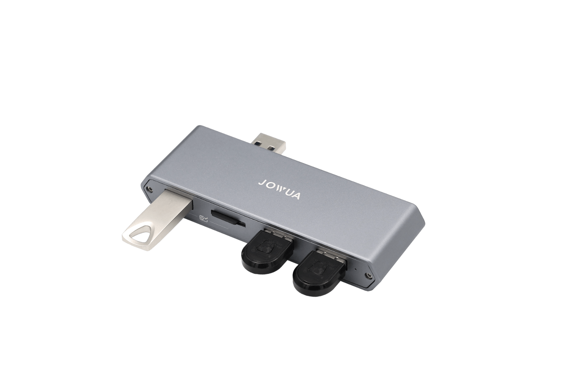 A gray JOWUA USB hub with multiple ports, USB drives, and an SD card sits on a white background—ideal for the Wireless Tesla Game Controllers Combo (Model S/X/3HL/Y Juniper/Cybertruck).