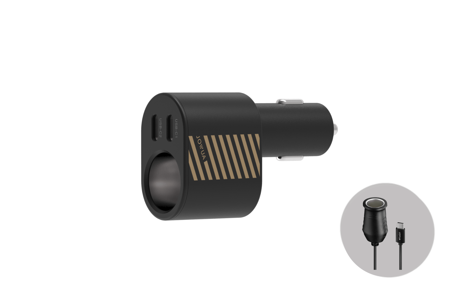 The JOWUA 3 in 1 Type-C Car Charger features a black and gold striped design, USB-C and USB-A ports, high power output, and comes with an attached USB-C cable. Shown on a light gray background.