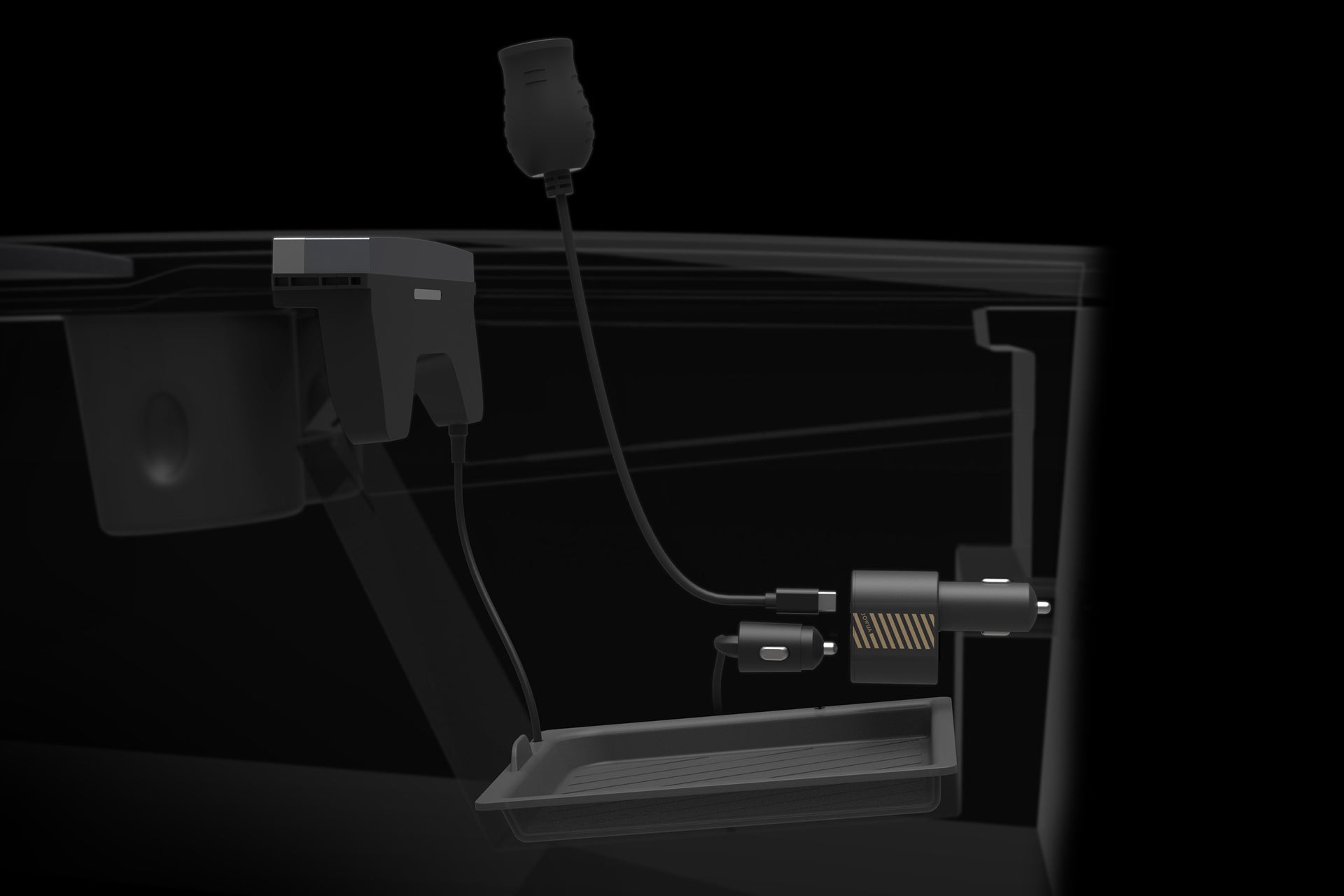 A digital rendering displays the JOWUA 3 in 1 Type-C Car Charger on a car dashboard, featuring cables, a cigarette lighter adapter, and a tray, illustrating an in-car electronic setup against a dark background.