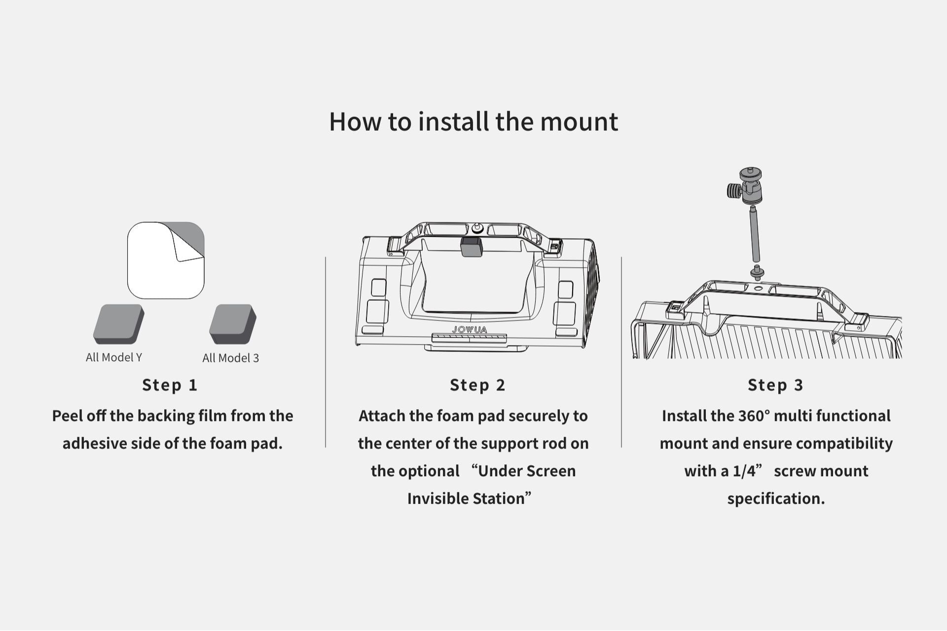 JOWUA's instructional graphic, "How to install the 360° Multi Function Mount," shows three steps: peel foam pad backing, attach it to the support rod center, then install the mount using a 1/4" screw for exterior or interior recording.