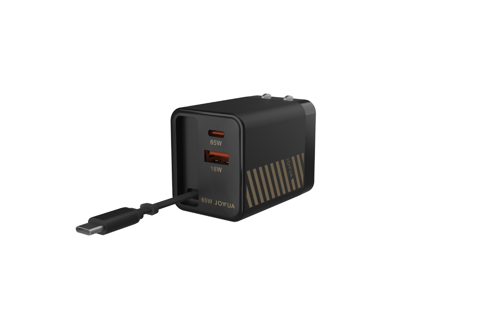 The JOWUA 65W GaN Charger with Retractable Cable is a black charger with gold diagonal stripes, featuring two USB ports labeled 65W and 18W, and a USB-C cable plugged into the 65W port for fast charging.